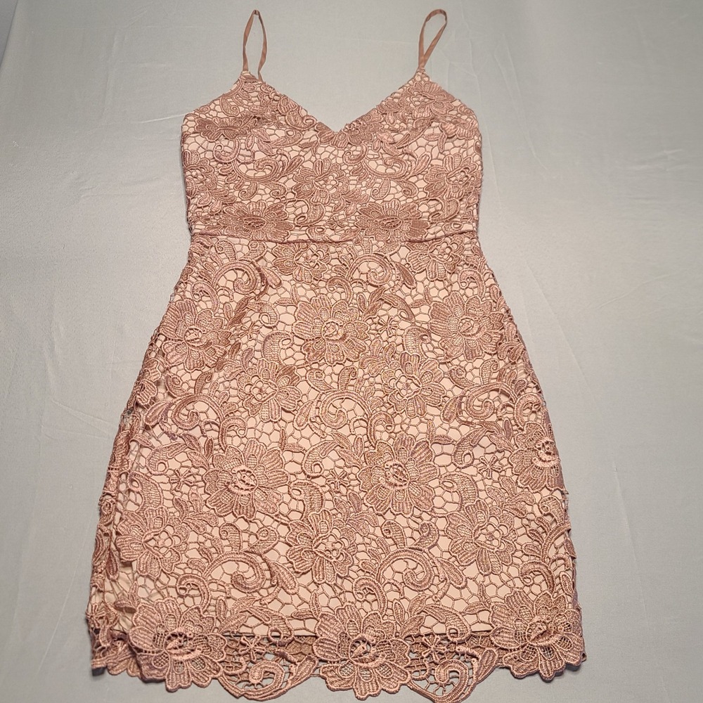 Express Lace Sheath Dress Women 2 Rose Gold Floral V-Neck Cocktail Wedding Guest